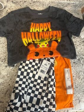 Kids Halloween Pikachu Pumpkin Tee with Orange shorts and checkered shorts (8)